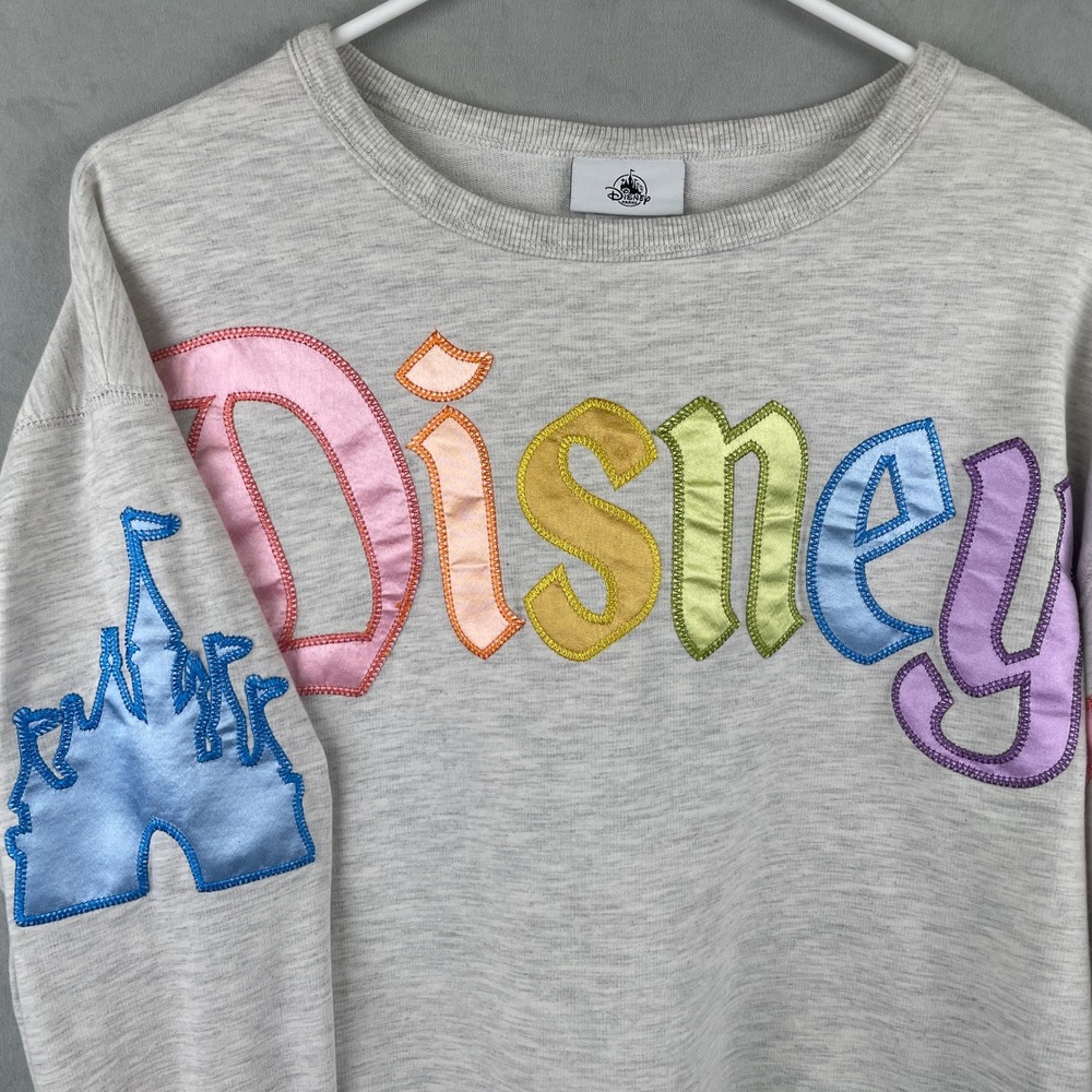 Disney Parks Disneyland Castle Rainbow Satin Applique Gray Sweatshirt M JT22997 - Picture 3 of 6
